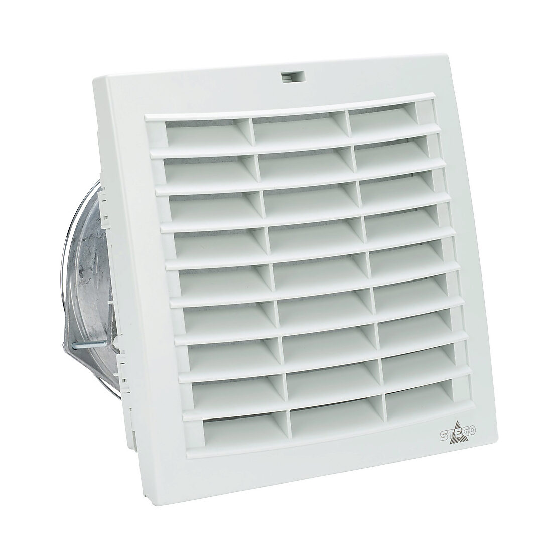018729-30 - Stego Filter Fan Plus FPI intake fan, side mount, 120 CFM, 115 VAC operating voltage, G3 (coarse) filter mat, NEMA 12, indoor use only, 6.93 x 6.93in enclosure cutout, RAL 7035 light gray.