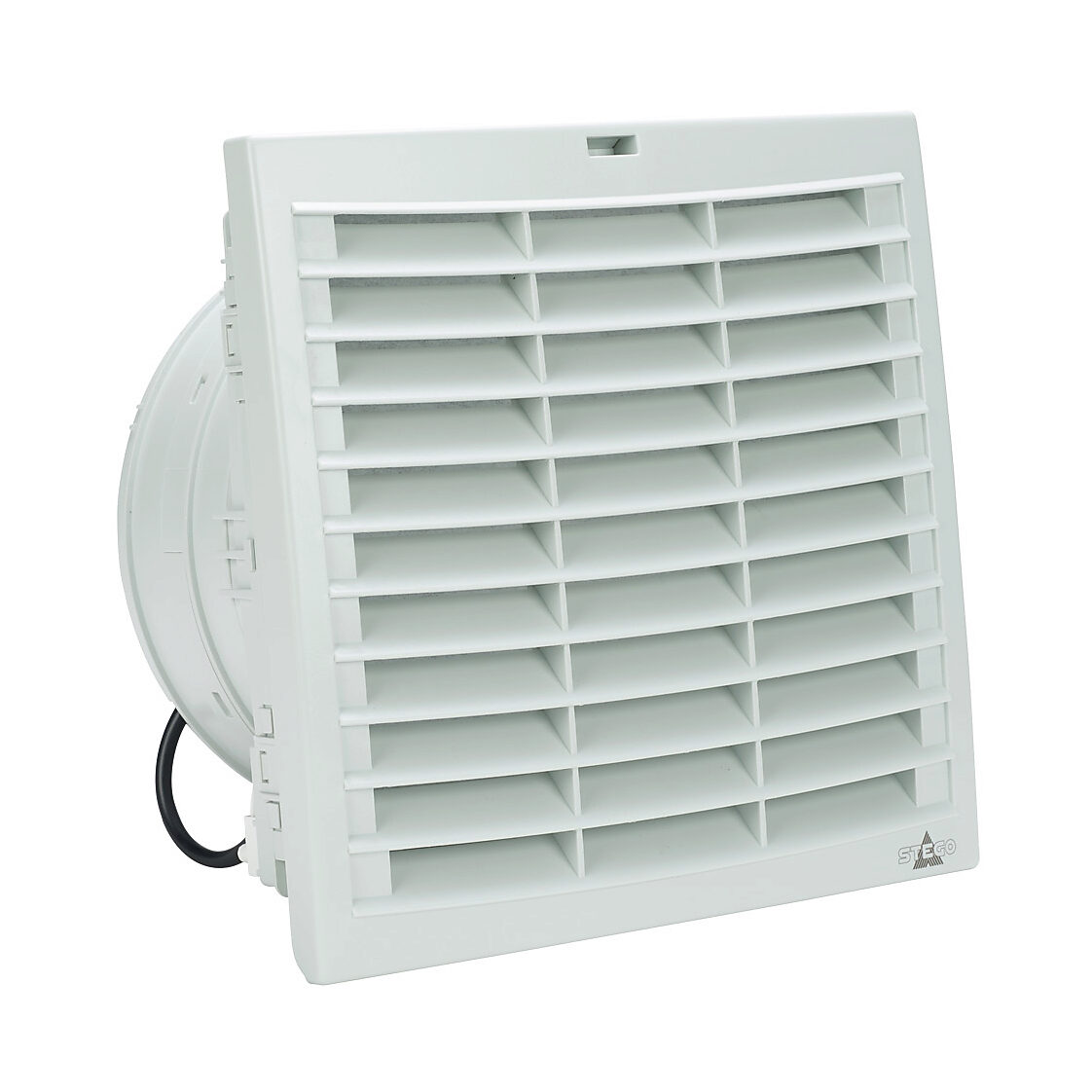 018730-30 - Stego Filter Fan Plus FPI intake fan, side mount, 180 CFM, 230 VAC operating voltage, G3 (coarse) filter mat, NEMA 12, indoor use only, 8.78 x 8.78in enclosure cutout, RAL 7035 light gray.