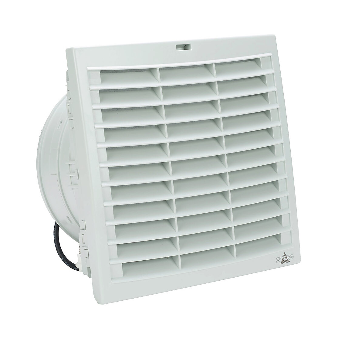 018739-30 - Stego Filter Fan Plus FPI intake fan, side mount, 195 CFM, 115 VAC operating voltage, G3 (coarse) filter mat, NEMA 12, indoor use only, 8.78 x 8.78in enclosure cutout, RAL 7035 light gray.