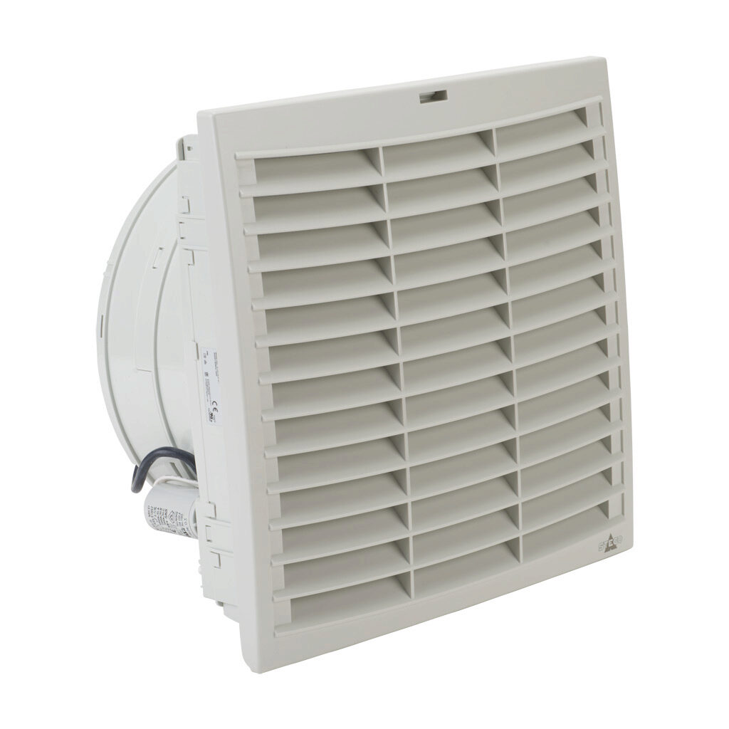 018740-31 - Stego Filter Fan Plus FPI intake fan, side mount, 367 CFM, 230 VAC operating voltage, G3 (coarse) filter mat, NEMA 12, indoor use only, 11.46 x 11.46in enclosure cutout, RAL 7035 light gray.