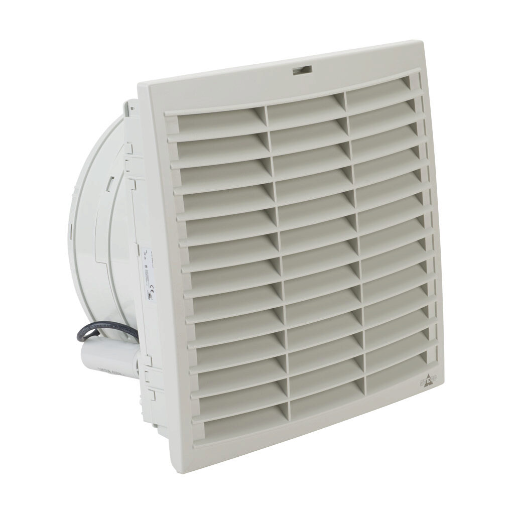 018749-31 - Stego Filter Fan Plus FPI intake fan, side mount, 391 CFM, 115 VAC operating voltage, G3 (coarse) filter mat, NEMA 12, indoor use only, 11.46 x 11.46in enclosure cutout, RAL 7035 light gray.