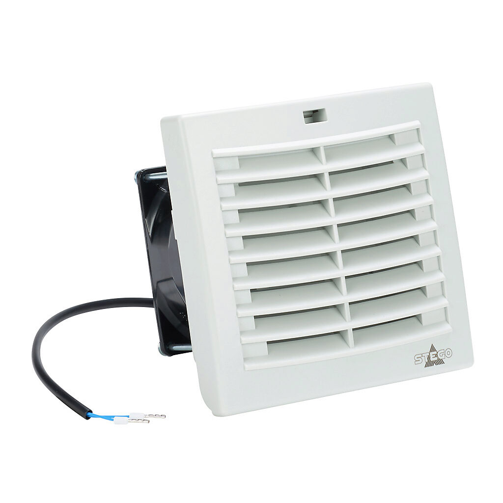 018800-00 - Stego Filter Fan Plus FPO exhaust fan, side mount, 14 CFM, 230 VAC operating voltage, with air flaps, NEMA 12, indoor use only, 3.62 x 3.62in enclosure cutout, RAL 7035 light gray.