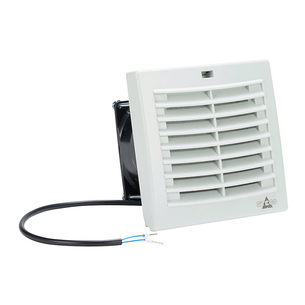 018800-40 - Stego Filter Fan Plus FPO exhaust fan, side mount, 11 CFM, 230 VAC operating voltage, G3 (coarse) filter mat, NEMA 12, indoor use only, 3.62 x 3.62in enclosure cutout, RAL 7035 light gray.