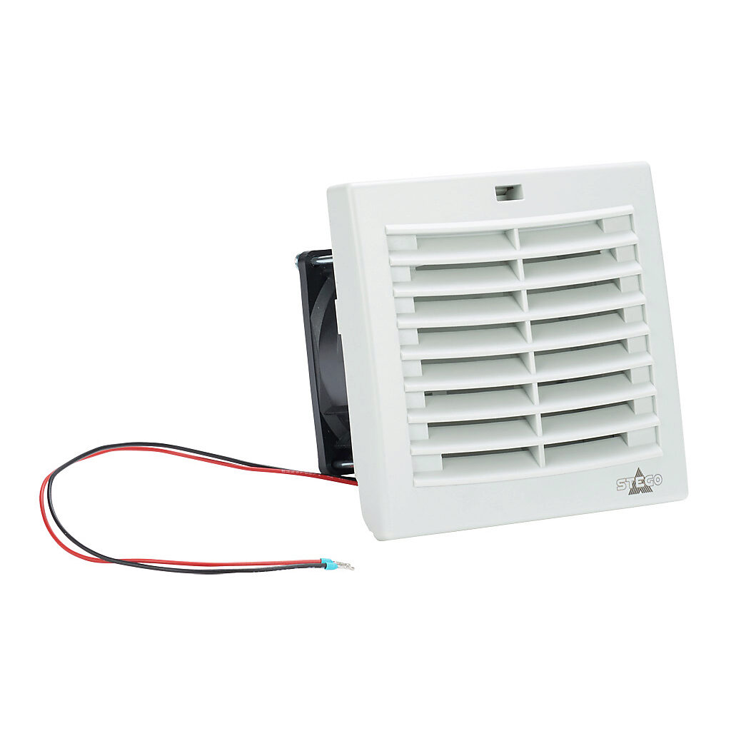 018801-00 - Stego Filter Fan Plus FPO exhaust fan, side mount, 19 CFM, 48 VDC operating voltage, with air flaps, NEMA 12, indoor use only, 3.62 x 3.62in enclosure cutout, RAL 7035 light gray.