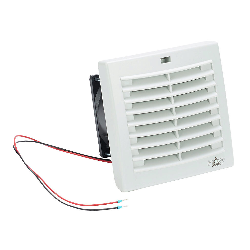 018802-00 - Stego Filter Fan Plus FPO exhaust fan, side mount, 18 CFM, 24 VDC operating voltage, with air flaps, NEMA 12, indoor use only, 3.62 x 3.62in enclosure cutout, RAL 7035 light gray.