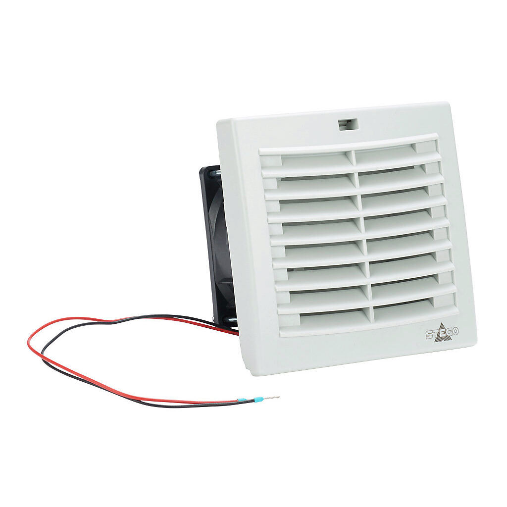 018803-00 - Stego Filter Fan Plus FPO exhaust fan, side mount, 19 CFM, 12 VDC operating voltage, with air flaps, NEMA 12, indoor use only, 3.62 x 3.62in enclosure cutout, RAL 7035 light gray.