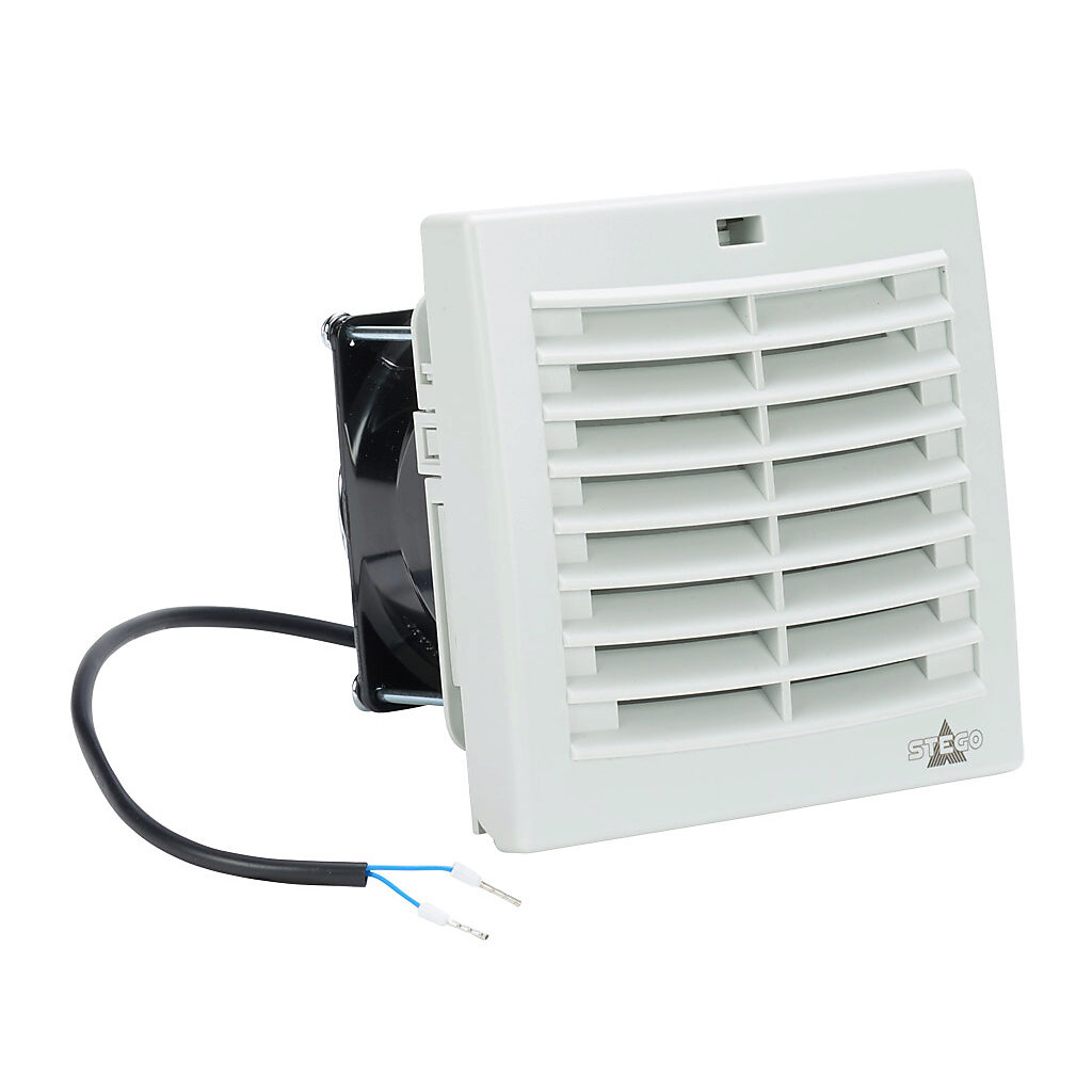 018809-00 - Stego Filter Fan Plus FPO exhaust fan, side mount, 19 CFM, 115 VAC operating voltage, with air flaps, NEMA 12, indoor use only, 3.62 x 3.62in enclosure cutout, RAL 7035 light gray.