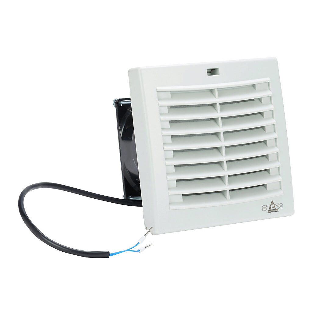 018809-40 - Stego Filter Fan Plus FPO exhaust fan, side mount, 14 CFM, 115 VAC operating voltage, G3 (coarse) filter mat, NEMA 12, indoor use only, 3.62 x 3.62in enclosure cutout, RAL 7035 light gray.