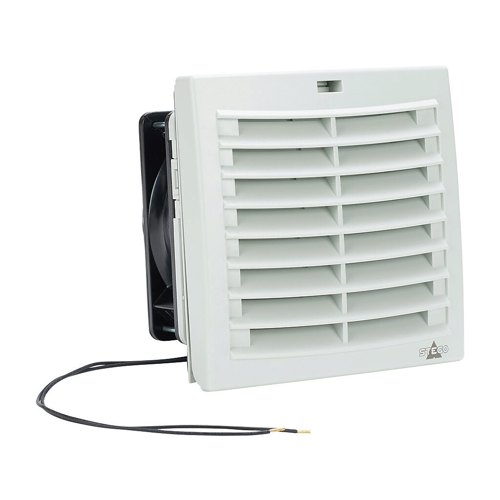 018810-00 - Stego Filter Fan Plus FPO exhaust fan, side mount, 57 CFM, 230 VAC operating voltage, with air flaps, NEMA 12, indoor use only, 4.88 x 4.88in enclosure cutout, RAL 7035 light gray.