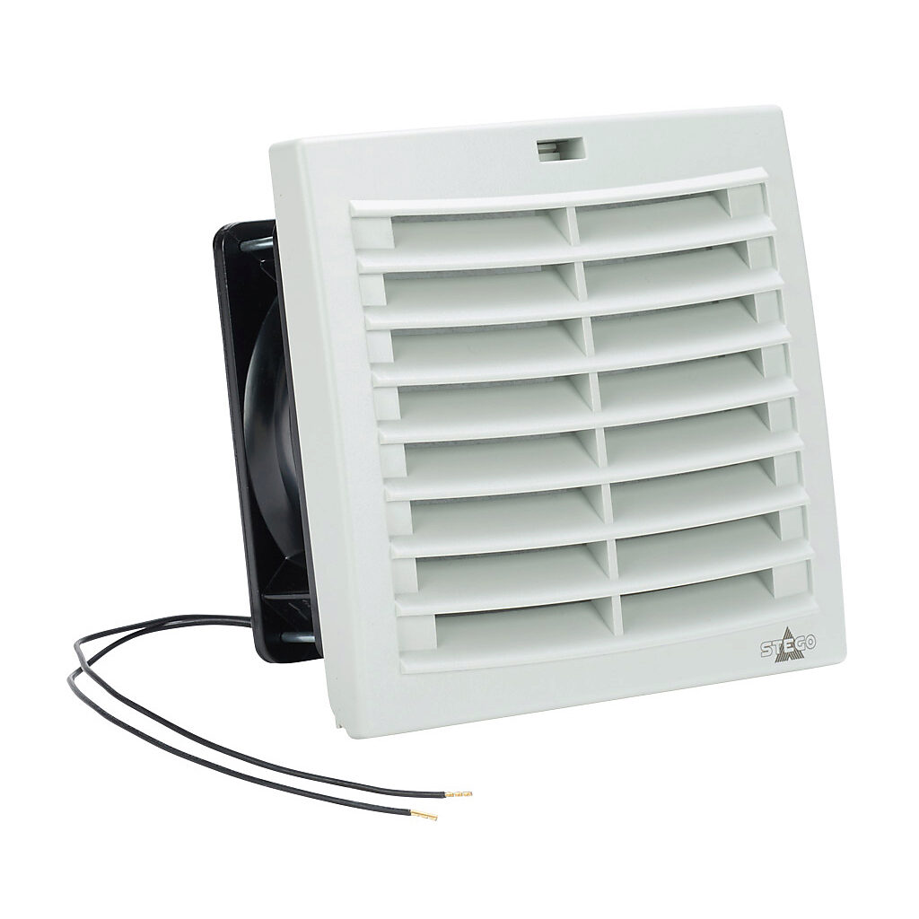 018810-40 - Stego Filter Fan Plus FPO exhaust fan, side mount, 32 CFM, 230 VAC operating voltage, G3 (coarse) filter mat, NEMA 12, indoor use only, 4.88 x 4.88in enclosure cutout, RAL 7035 light gray.