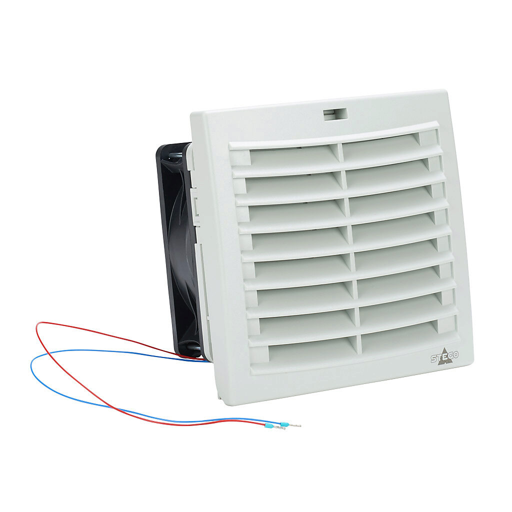 018811-00 - Stego Filter Fan Plus FPO exhaust fan, side mount, 74 CFM, 48 VDC operating voltage, with air flaps, NEMA 12, indoor use only, 4.88 x 4.88in enclosure cutout, RAL 7035 light gray.