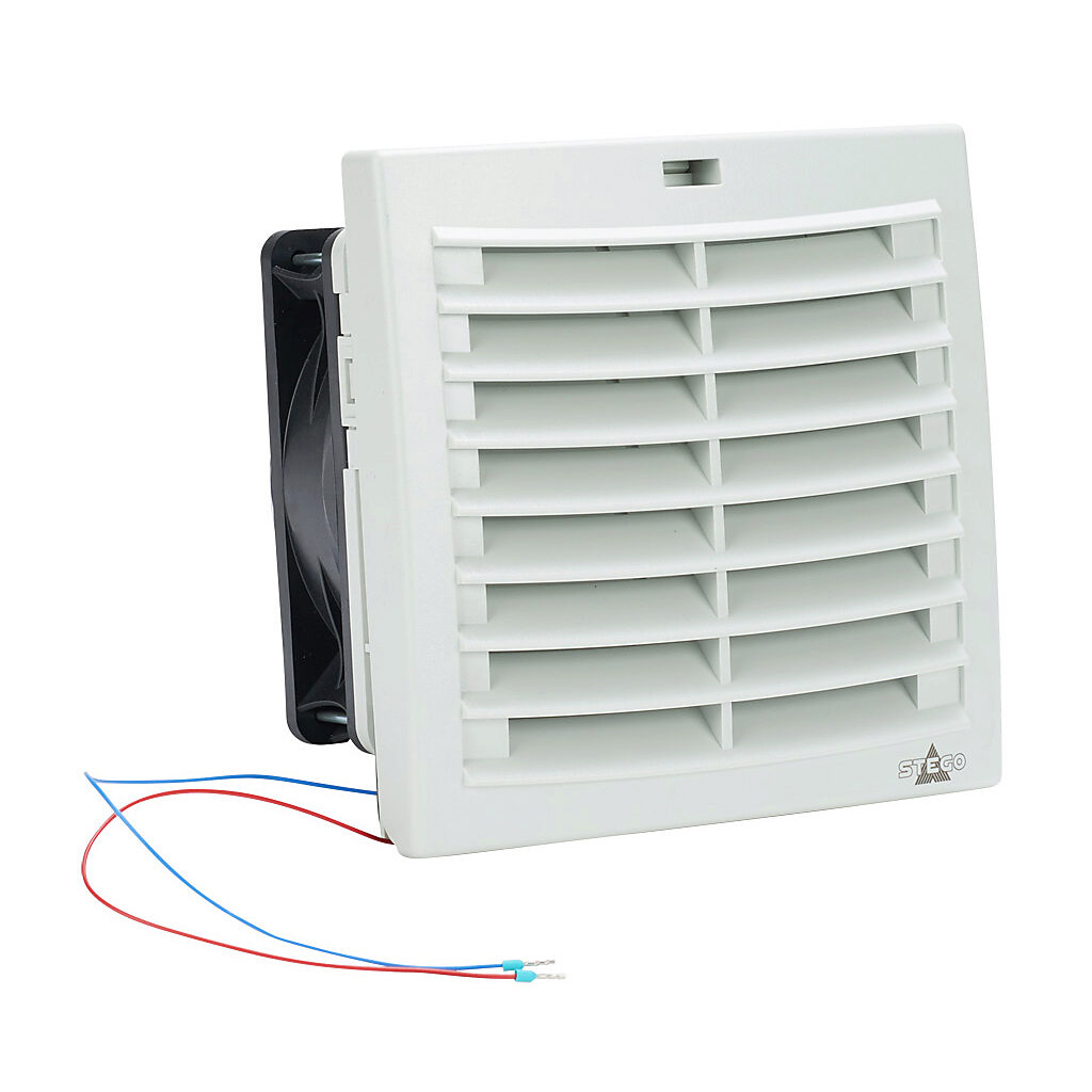 018812-00 - Stego Filter Fan Plus FPO exhaust fan, side mount, 70 CFM, 24 VDC operating voltage, with air flaps, NEMA 12, indoor use only, 4.88 x 4.88in enclosure cutout, RAL 7035 light gray.