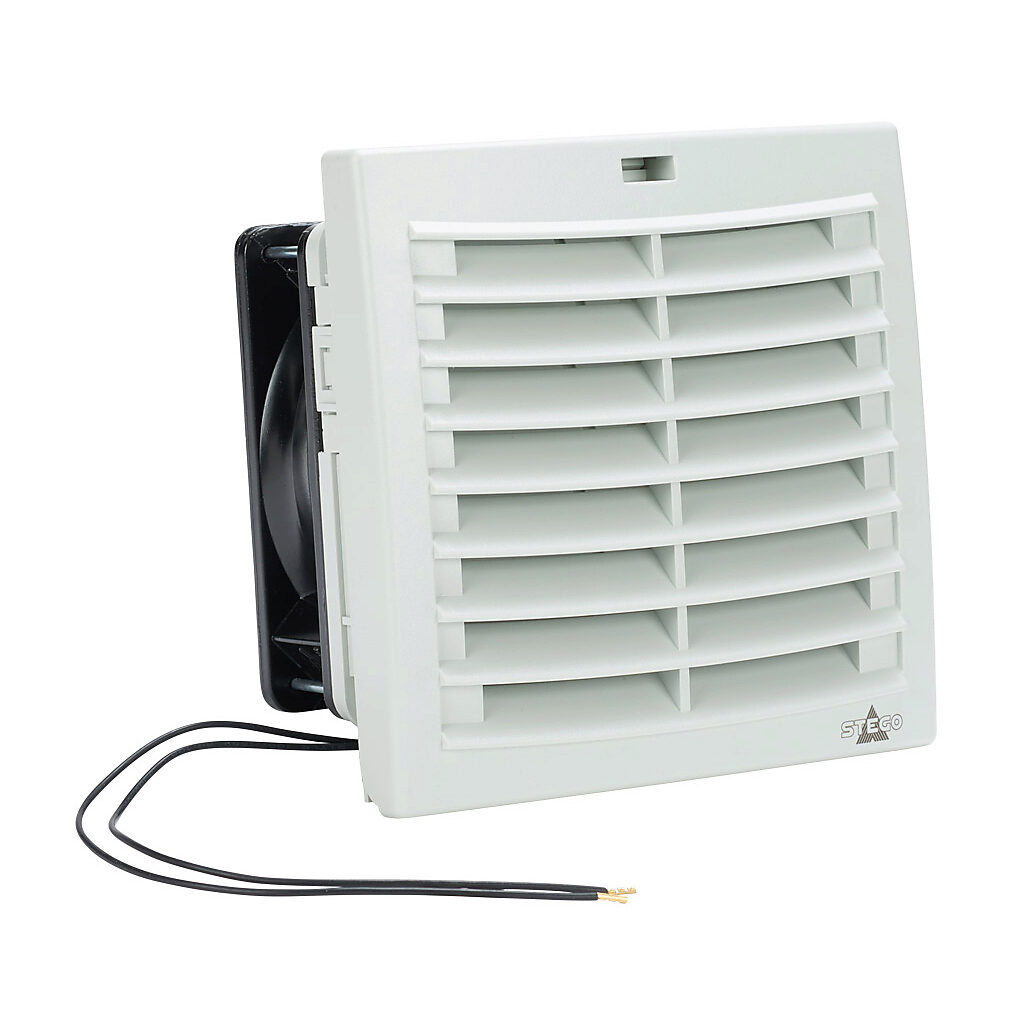 018819-00 - Stego Filter Fan Plus FPO exhaust fan, side mount, 69 CFM, 115 VAC operating voltage, with air flaps, NEMA 12, indoor use only, 4.88 x 4.88in enclosure cutout, RAL 7035 light gray.