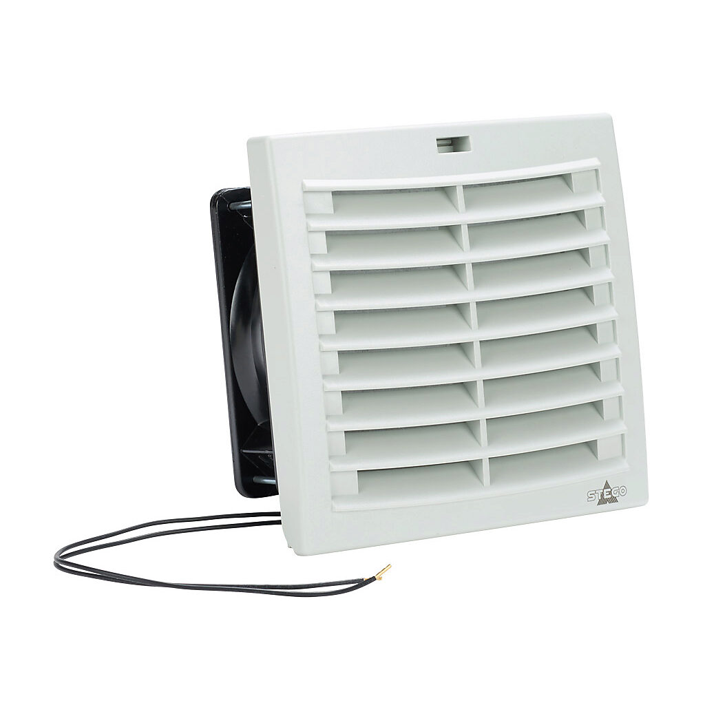 018819-40 - Stego Filter Fan Plus FPO exhaust fan, side mount, 39 CFM, 115 VAC operating voltage, G3 (coarse) filter mat, NEMA 12, indoor use only, 4.88 x 4.88in enclosure cutout, RAL 7035 light gray.