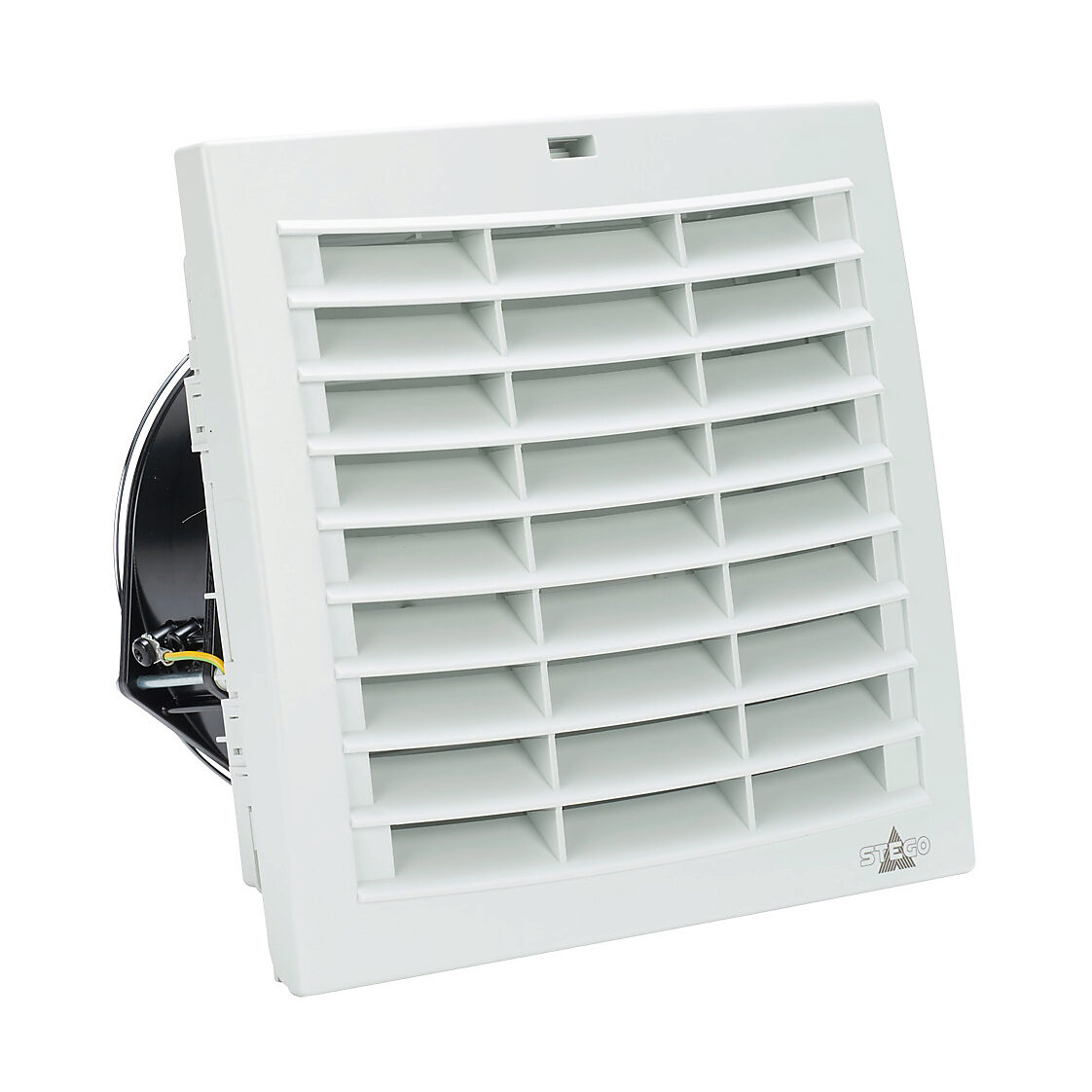 018822-00 - Stego Filter Fan Plus FPO exhaust fan, side mount, 158 CFM, 24 VDC operating voltage, with air flaps, NEMA 12, indoor use only, 6.93 x 6.93in enclosure cutout, RAL 7035 light gray.