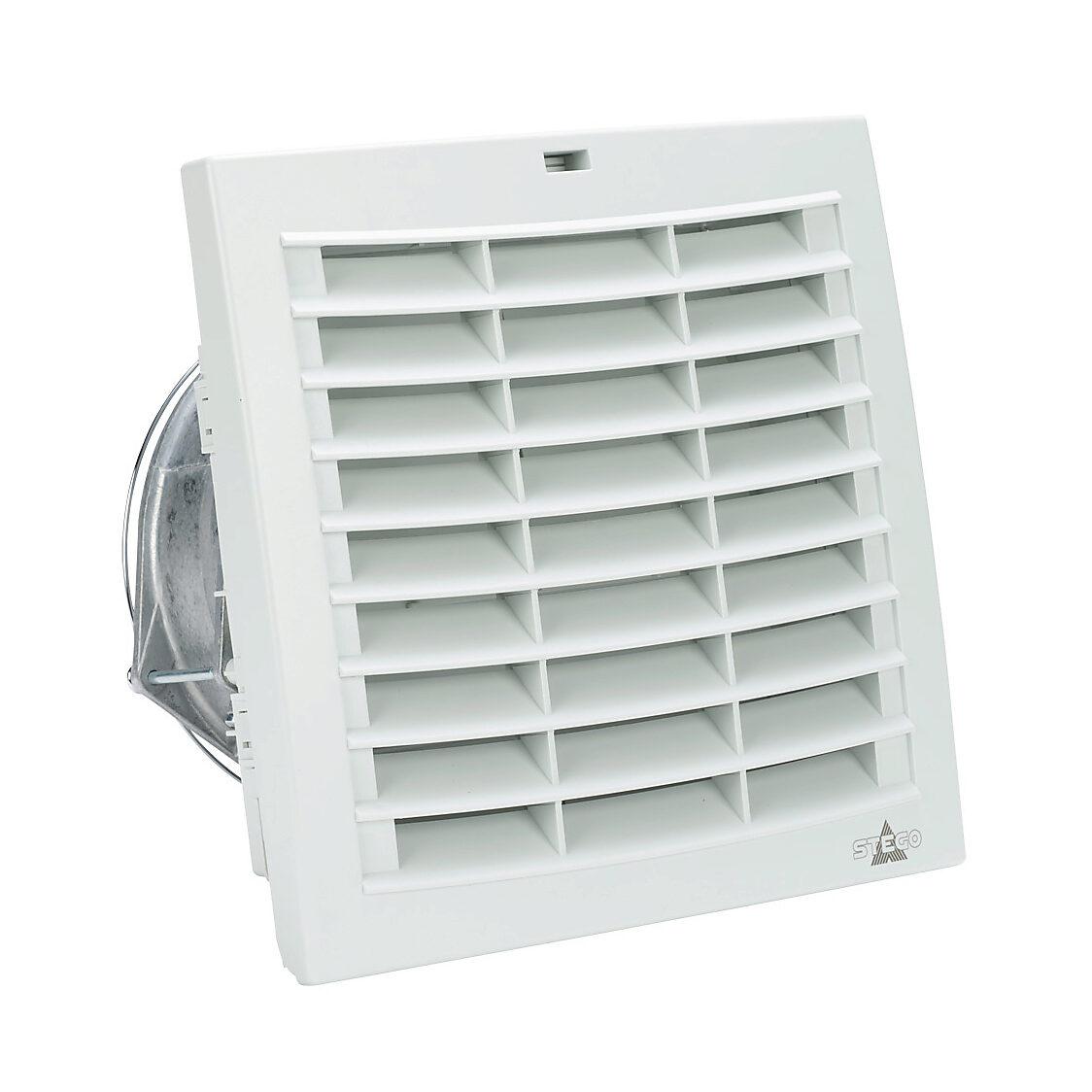 018829-00 - Stego Filter Fan Plus FPO exhaust fan, side mount, 184 CFM, 115 VAC operating voltage, with air flaps, NEMA 12, indoor use only, 6.93 x 6.93in enclosure cutout, RAL 7035 light gray.
