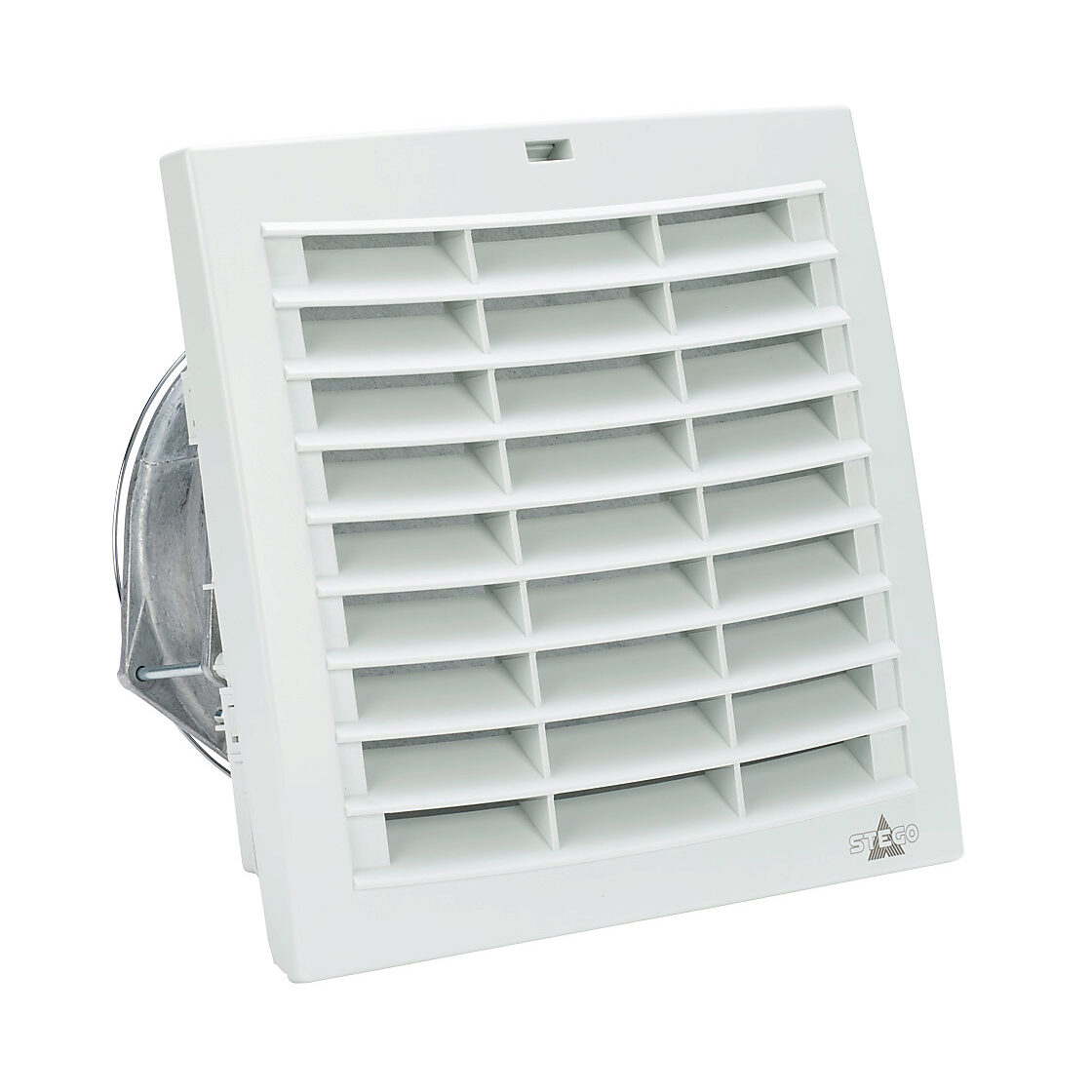 018829-40 - Stego Filter Fan Plus FPO exhaust fan, side mount, 126 CFM, 115 VAC operating voltage, G3 (coarse) filter mat, NEMA 12, indoor use only, 6.93 x 6.93in enclosure cutout, RAL 7035 light gray.