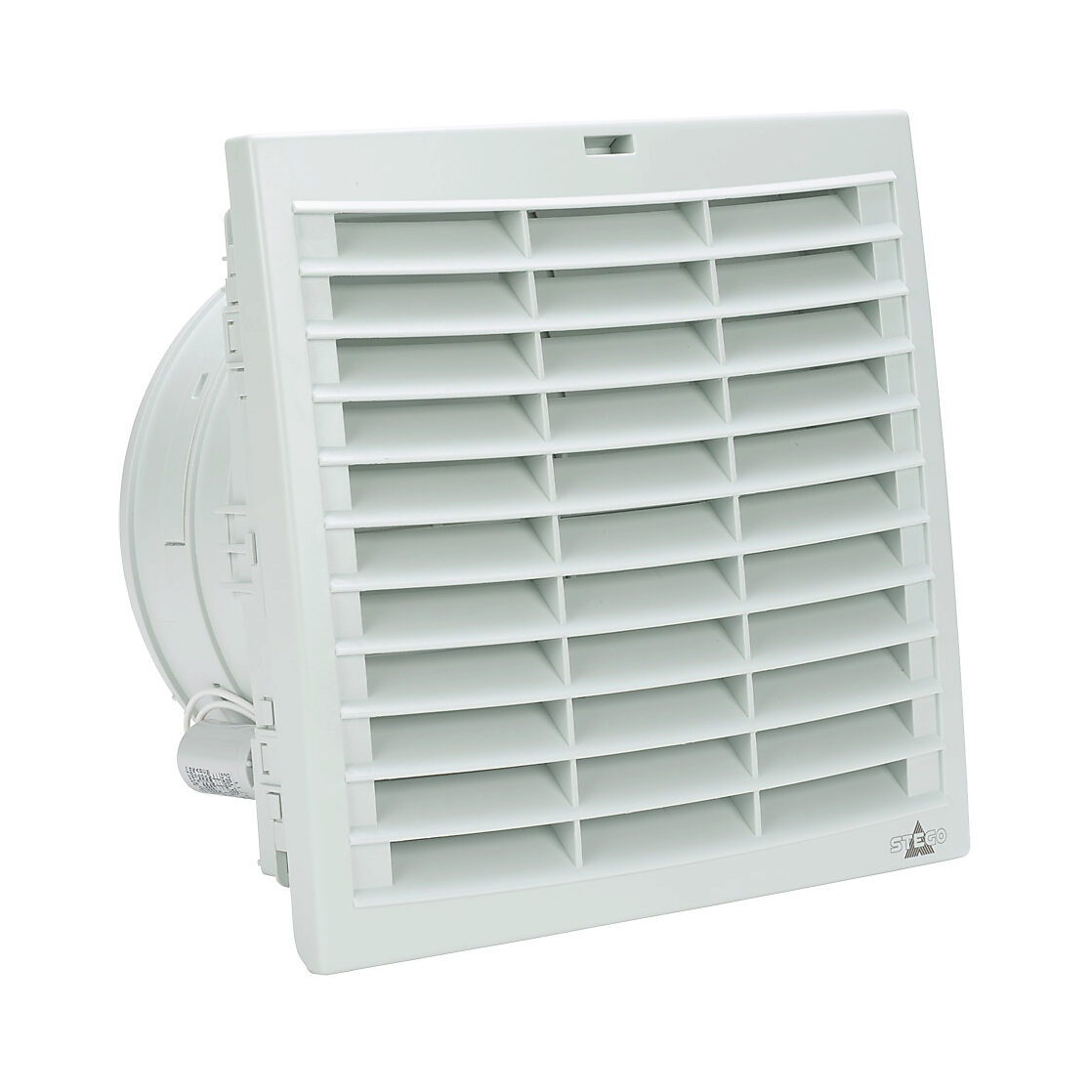 018830-00 - Stego Filter Fan Plus FPO exhaust fan, side mount, 316 CFM, 230 VAC operating voltage, with air flaps, NEMA 12, indoor use only, 8.78 x 8.78in enclosure cutout, RAL 7035 light gray.