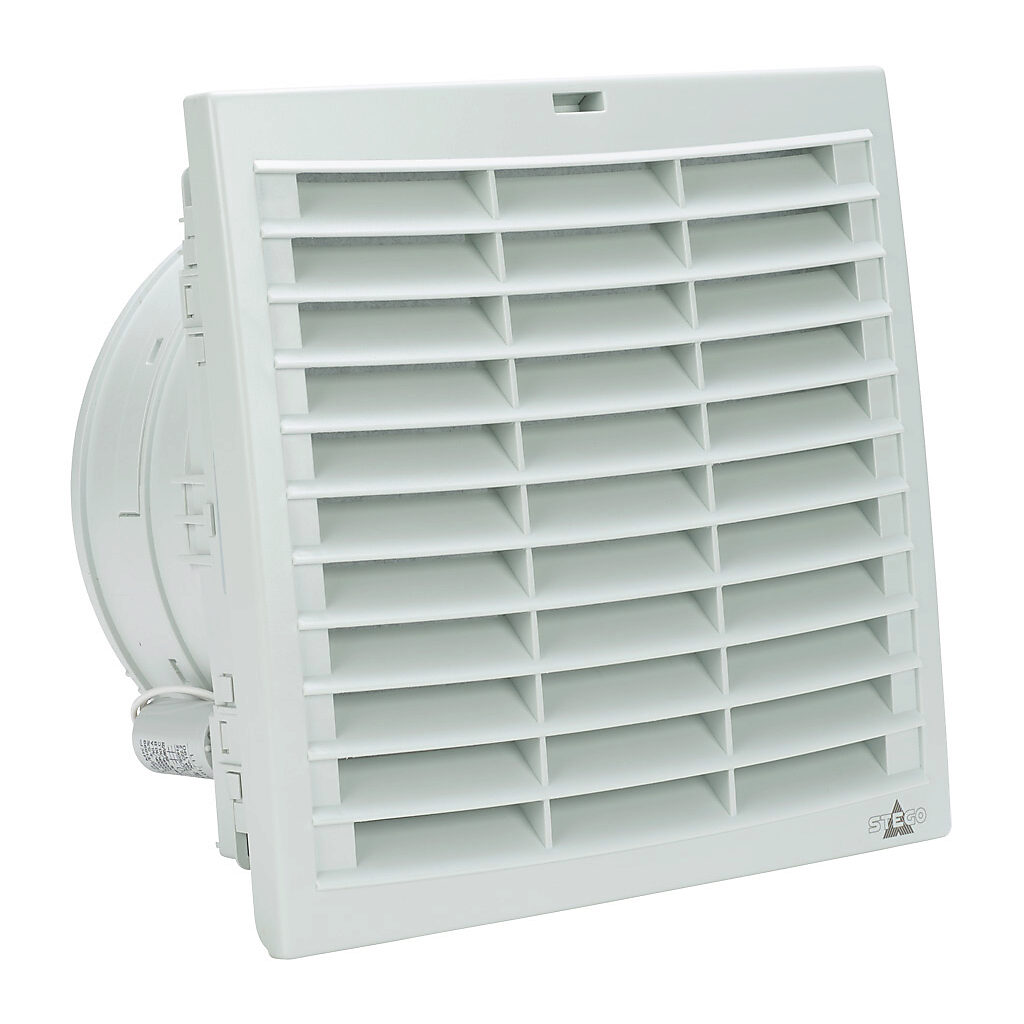 018830-40 - Stego Filter Fan Plus FPO exhaust fan, side mount, 177 CFM, 230 VAC operating voltage, G3 (coarse) filter mat, NEMA 12, indoor use only, 8.78 x 8.78in enclosure cutout, RAL 7035 light gray.