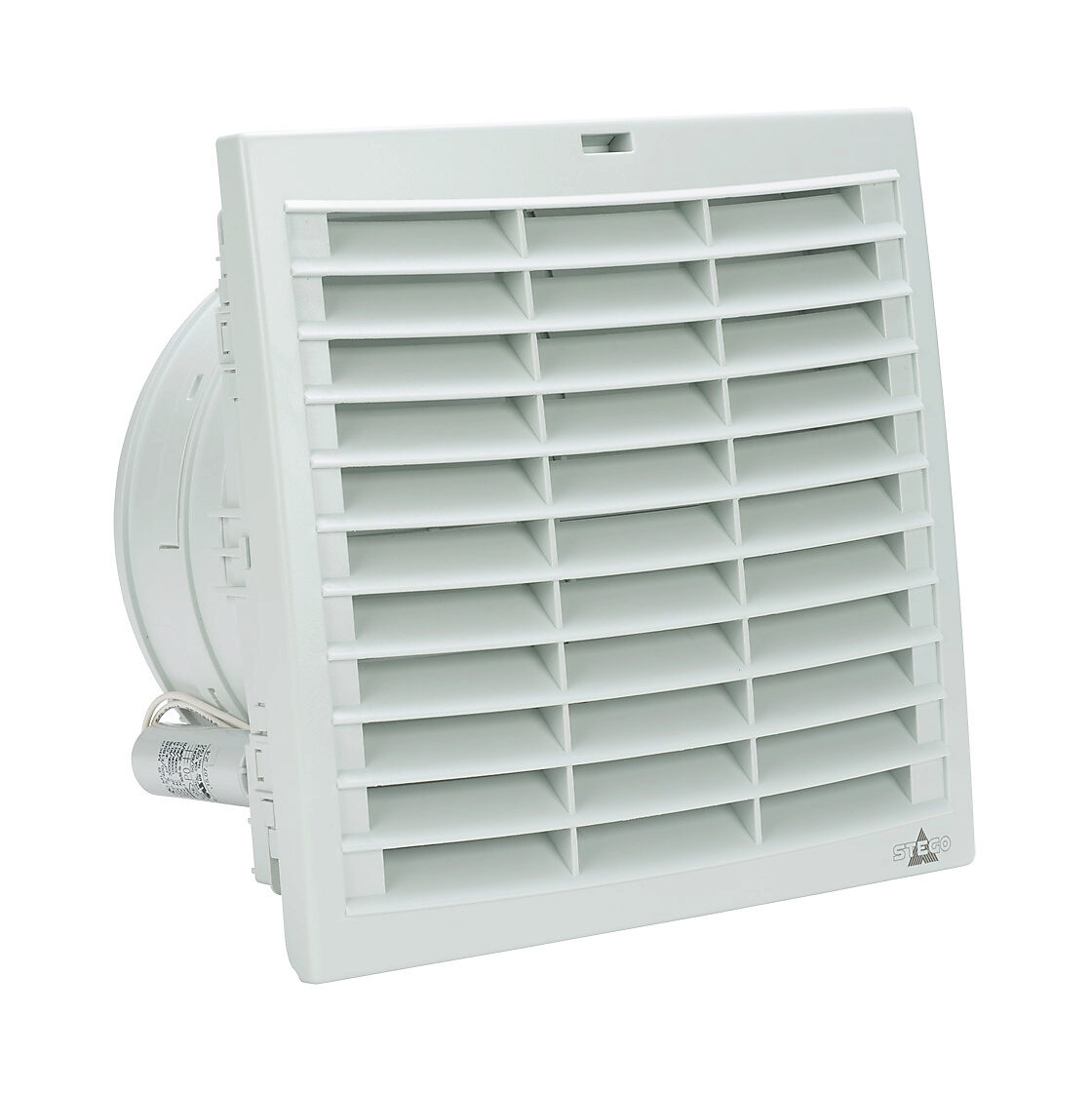 018839-00 - Stego Filter Fan Plus FPO exhaust fan, side mount, 342 CFM, 115 VAC operating voltage, with air flaps, NEMA 12, indoor use only, 8.78 x 8.78in enclosure cutout, RAL 7035 light gray.