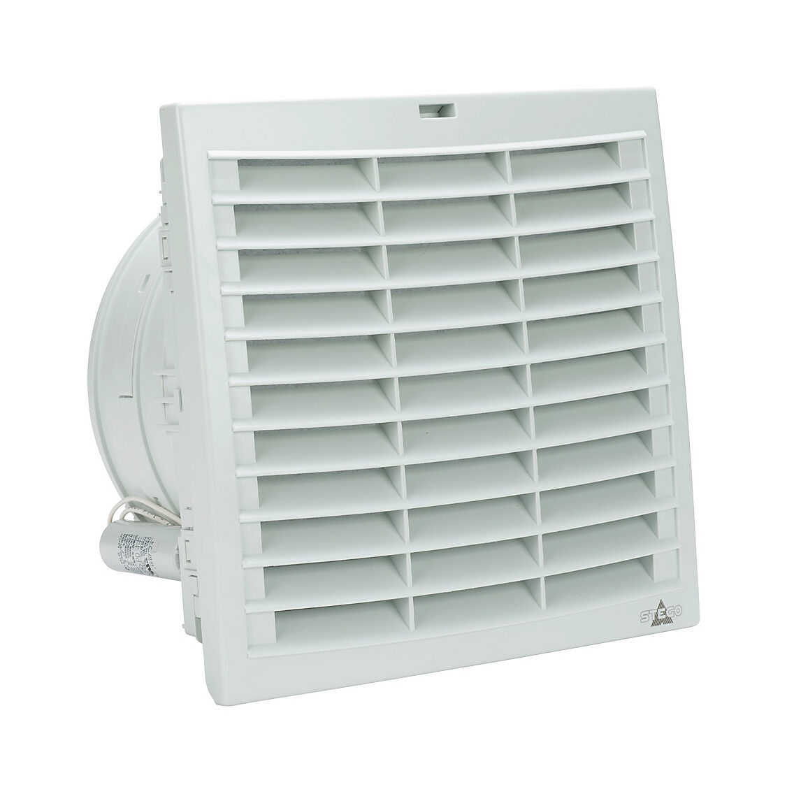 018839-40 - Stego Filter Fan Plus FPO exhaust fan, side mount, 191 CFM, 115 VAC operating voltage, G3 (coarse) filter mat, NEMA 12, indoor use only, 8.78 x 8.78in enclosure cutout, RAL 7035 light gray.