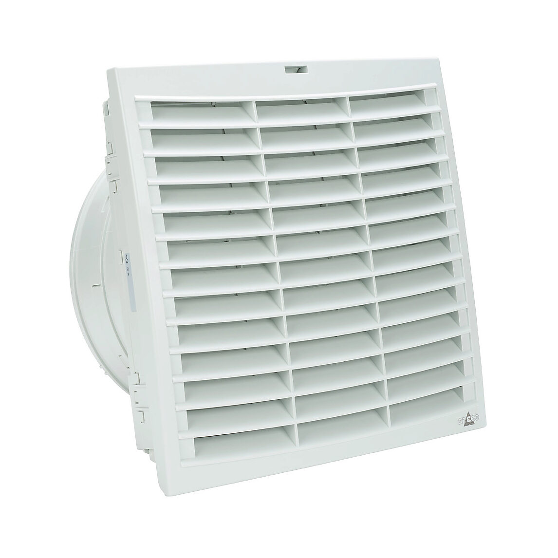 018840-00 - Stego Filter Fan Plus FPO exhaust fan, side mount, 428 CFM, 230 VAC operating voltage, with air flaps, NEMA 12, indoor use only, 11.46 x 11.46in enclosure cutout, RAL 7035 light gray.