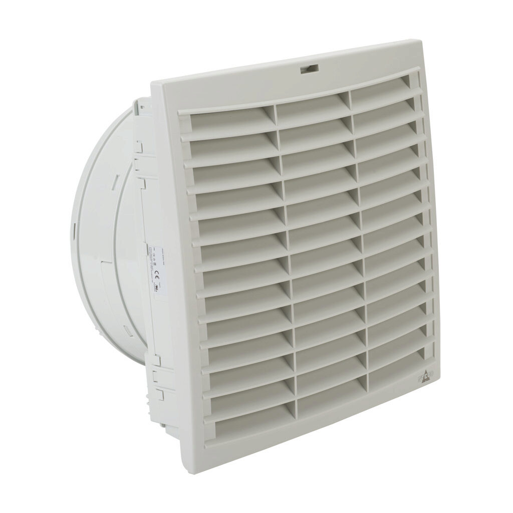 018840-01 - Stego Filter Fan Plus FPO exhaust fan, side mount, 595 CFM, 230 VAC operating voltage, with air flaps, G3 (coarse) filter mat, NEMA 12, indoor use only, 11.46 x 11.46in enclosure cutout, RAL 7035 light gray.