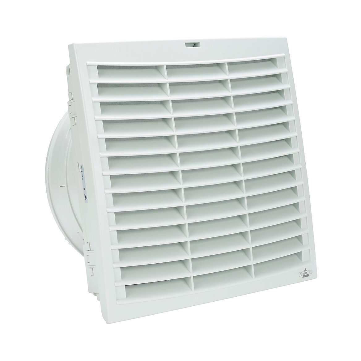 018840-40 - Stego Filter Fan Plus FPO exhaust fan, side mount, 265 CFM, 230 VAC operating voltage, G3 (coarse) filter mat, NEMA 12, indoor use only, 11.46 x 11.46in enclosure cutout, RAL 7035 light gray.