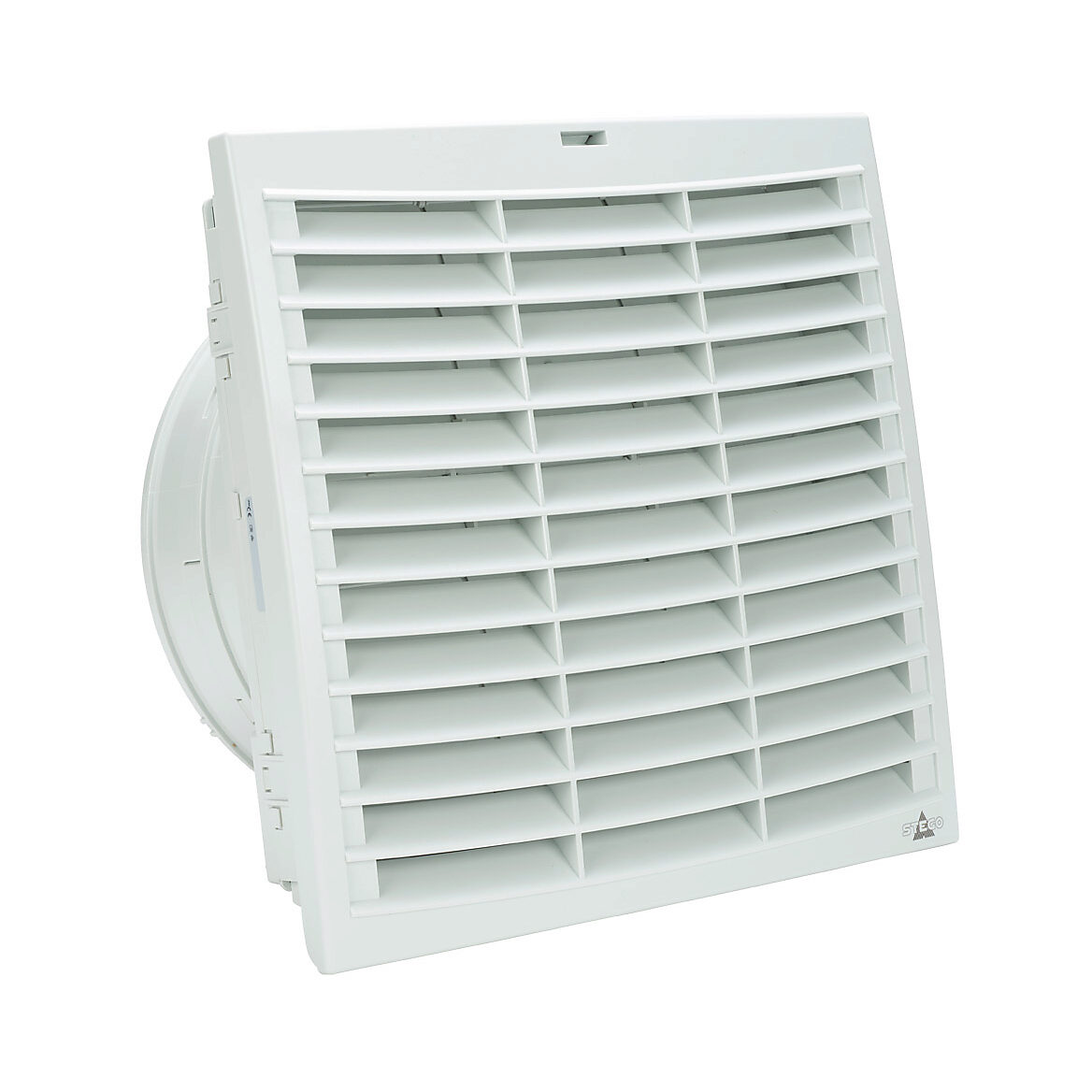 018849-00 - Stego Filter Fan Plus FPO exhaust fan, side mount, 414 CFM, 115 VAC operating voltage, with air flaps, NEMA 12, indoor use only, 11.46 x 11.46in enclosure cutout, RAL 7035 light gray.