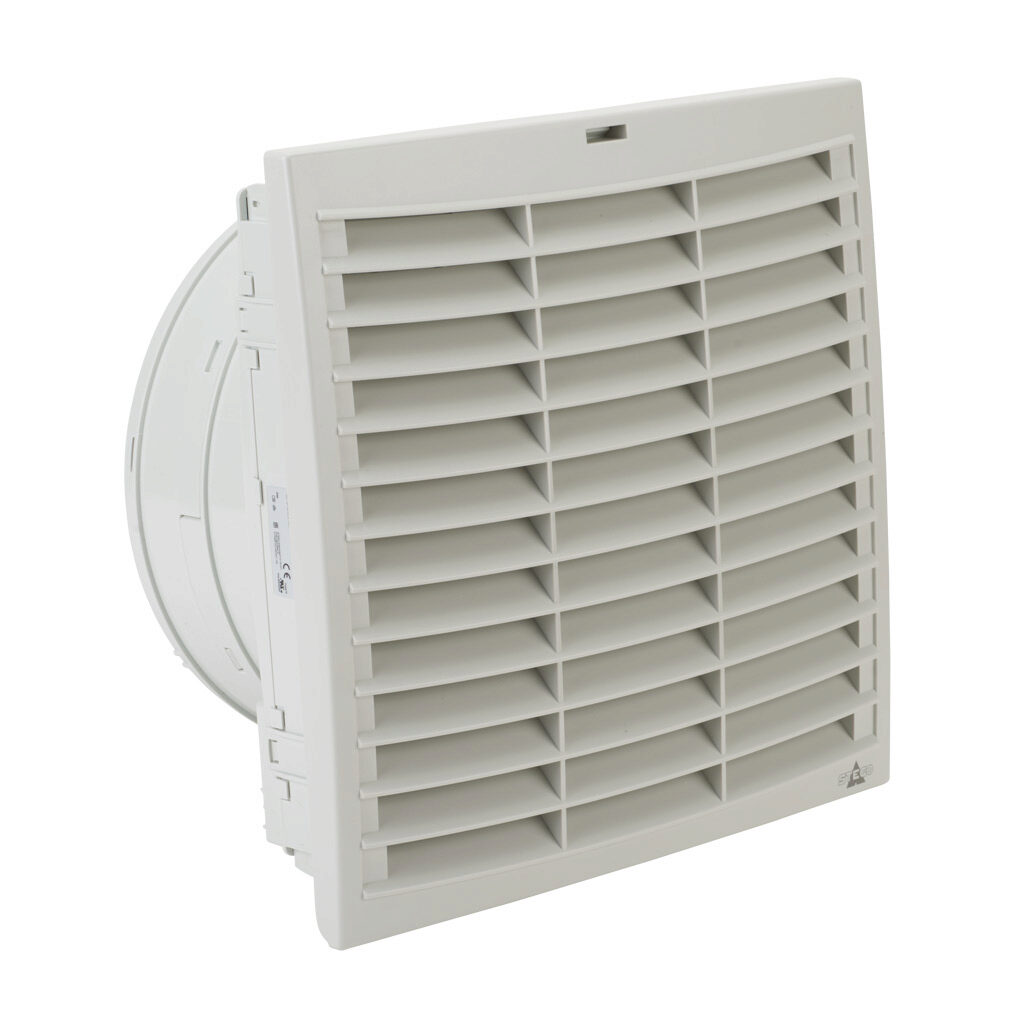 018849-01 - Stego Filter Fan Plus FPO exhaust fan, side mount, 607 CFM, 115 VAC operating voltage, with air flaps, G3 (coarse) filter mat, NEMA 12, indoor use only, 11.46 x 11.46in enclosure cutout, RAL 7035 light gray.