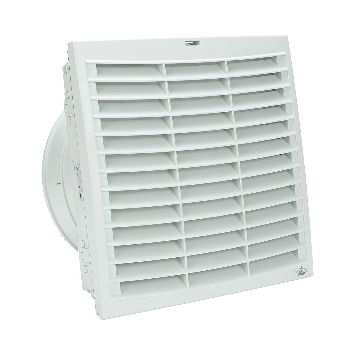 018849-40 - Stego Filter Fan Plus FPO exhaust fan, side mount, 256 CFM, 115 VAC operating voltage, G3 (coarse) filter mat, NEMA 12, indoor use only, 11.46 x 11.46in enclosure cutout, RAL 7035 light gray.