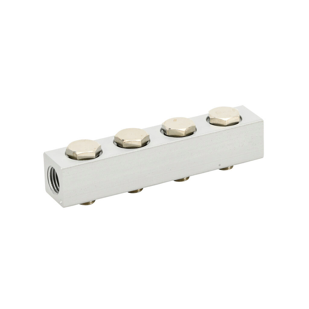 0221000400U - Metal Work air compact valve manifold, aluminum, white, 145 psi (10 bar) maximum operating pressure, (4) stations, 1/4in female NPT inlet(s). For use with 1/8in NPT Series 70 valves.