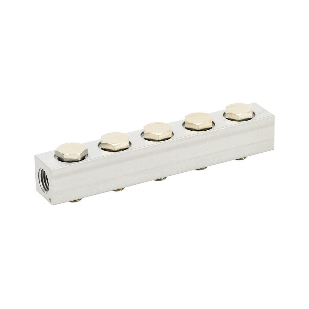 0221000500U - Metal Work air compact valve manifold, aluminum, white, 145 psi (10 bar) maximum operating pressure, (5) stations, 1/4in female NPT inlet(s). For use with 1/8in NPT Series 70 valves.