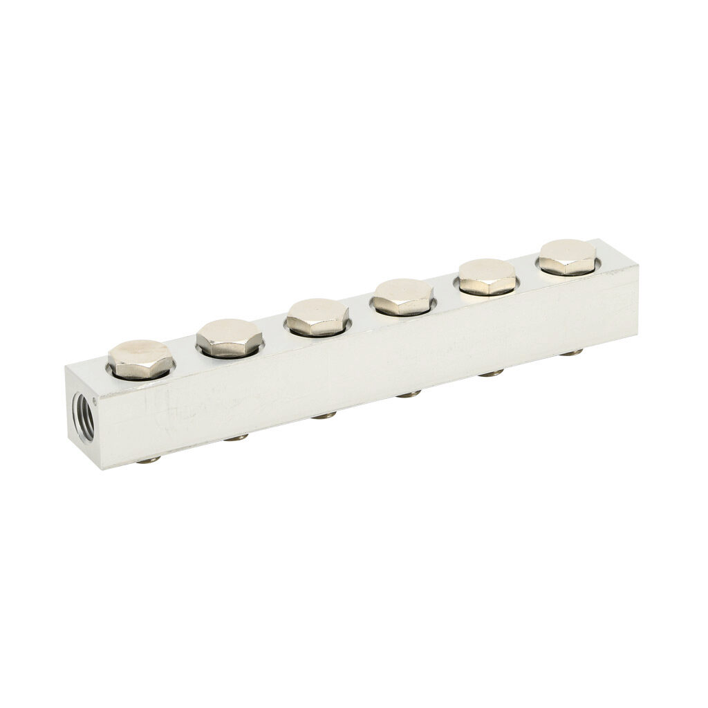 0221000600U - Metal Work air compact valve manifold, aluminum, white, 145 psi (10 bar) maximum operating pressure, (6) stations, 1/4in female NPT inlet(s). For use with 1/8in NPT Series 70 valves.