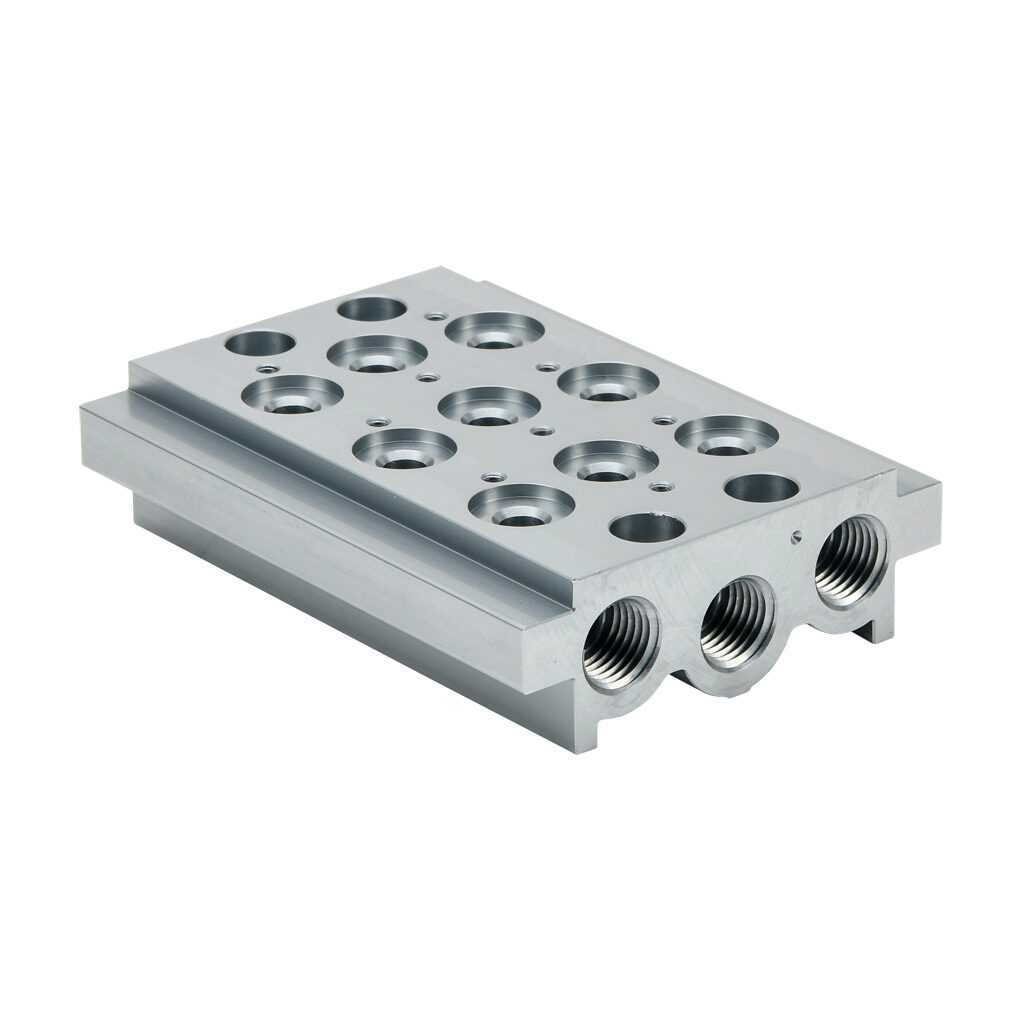 0223000301U - Metal Work air valve manifold, aluminum, silver, 145 psi (10 bar) maximum operating pressure, (3) stations, 1/4in female NPT inlet(s), 1/4in female NPT exhaust(s). For use with 1/8in NPT Series 70 valves.