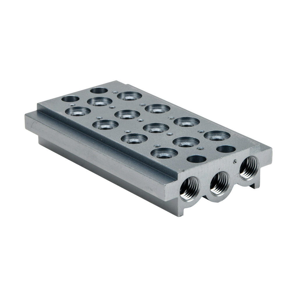 0223000401U - Metal Work air valve manifold, aluminum, silver, 145 psi (10 bar) maximum operating pressure, (4) stations, 1/4in female NPT inlet(s), 1/4in female NPT exhaust(s). For use with 1/8in NPT Series 70 valves.