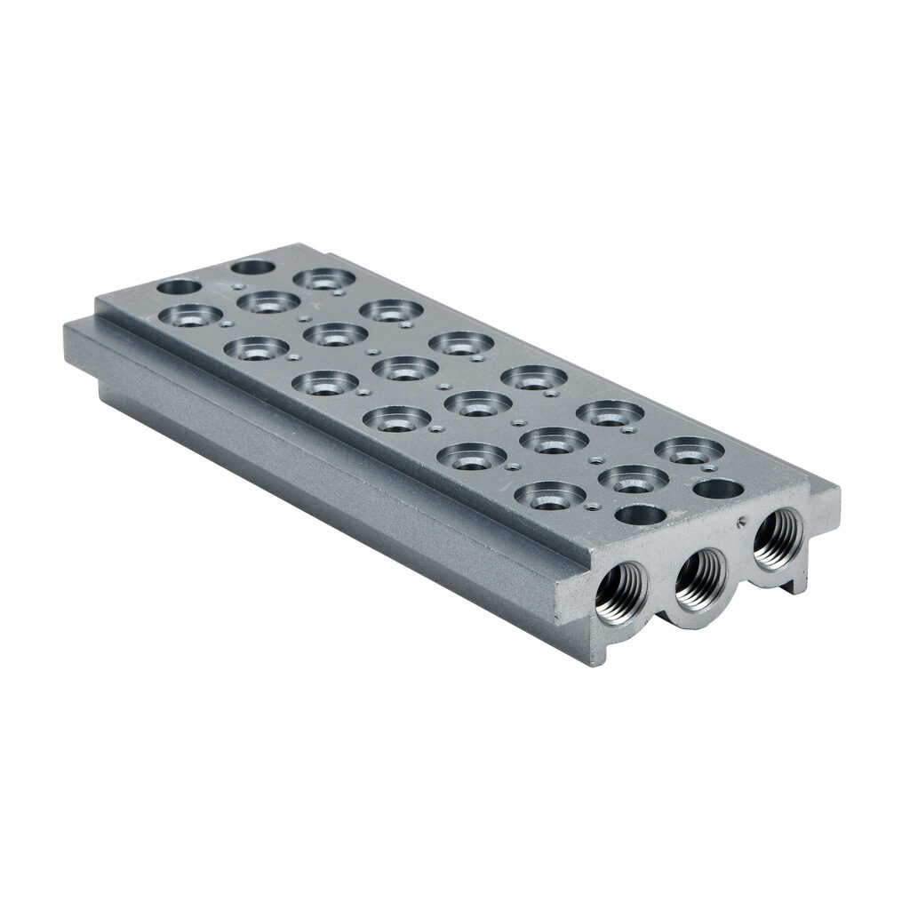 0223000601U - Metal Work air valve manifold, aluminum, silver, 145 psi (10 bar) maximum operating pressure, (6) stations, 1/4in female NPT inlet(s), 1/4in female NPT exhaust(s). For use with 1/8in NPT Series 70 valves.