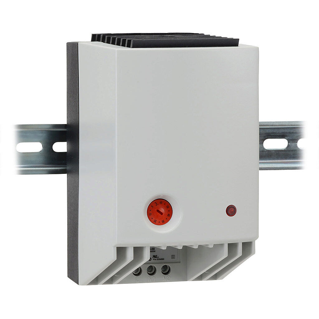 027000-00 - Stego enclosure heater, axial fan, 550W heating capacity, PTC resistor heating element, 220-240 VAC operating voltage, 50/60 Hz, adjustable thermostat, N.C. (open on rise) 0 to 60 deg C, 35mm DIN rail mount.
