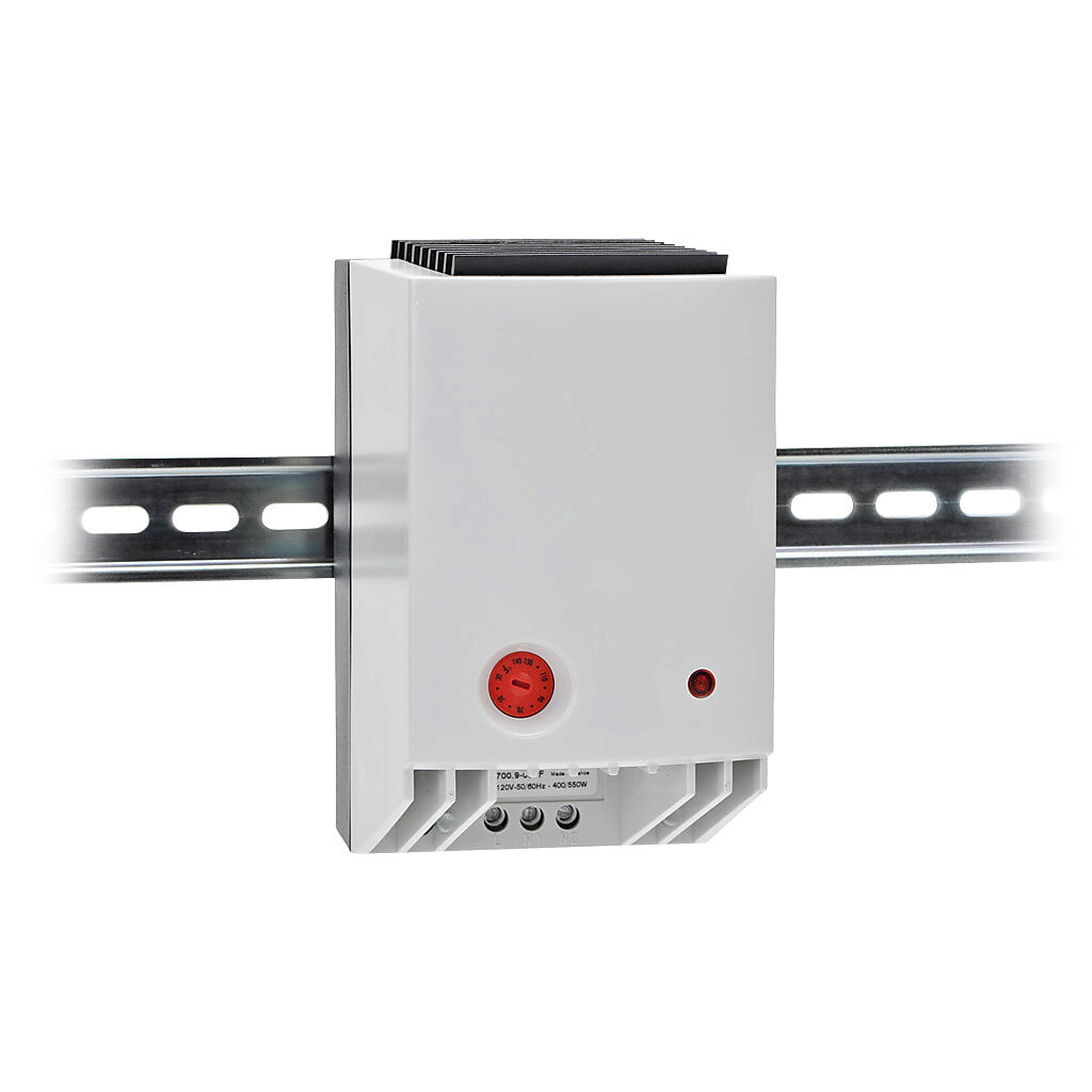 027009-00 - Stego enclosure heater, axial fan, 550W heating capacity, PTC resistor heating element, 100-120 VAC operating voltage, 50/60 Hz, adjustable thermostat, N.C. (open on rise) 32 to 140 deg F, 35mm DIN rail mount.