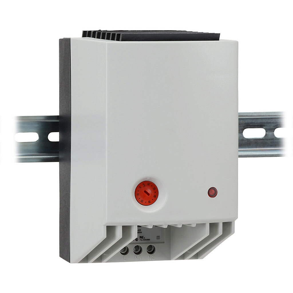 027009-01 - Stego enclosure heater, axial fan, 550W heating capacity, PTC resistor heating element, 100-120 VAC operating voltage, 50/60 Hz, adjustable thermostat, N.C. (open on rise) 0 to 60 deg C, 35mm DIN rail mount.