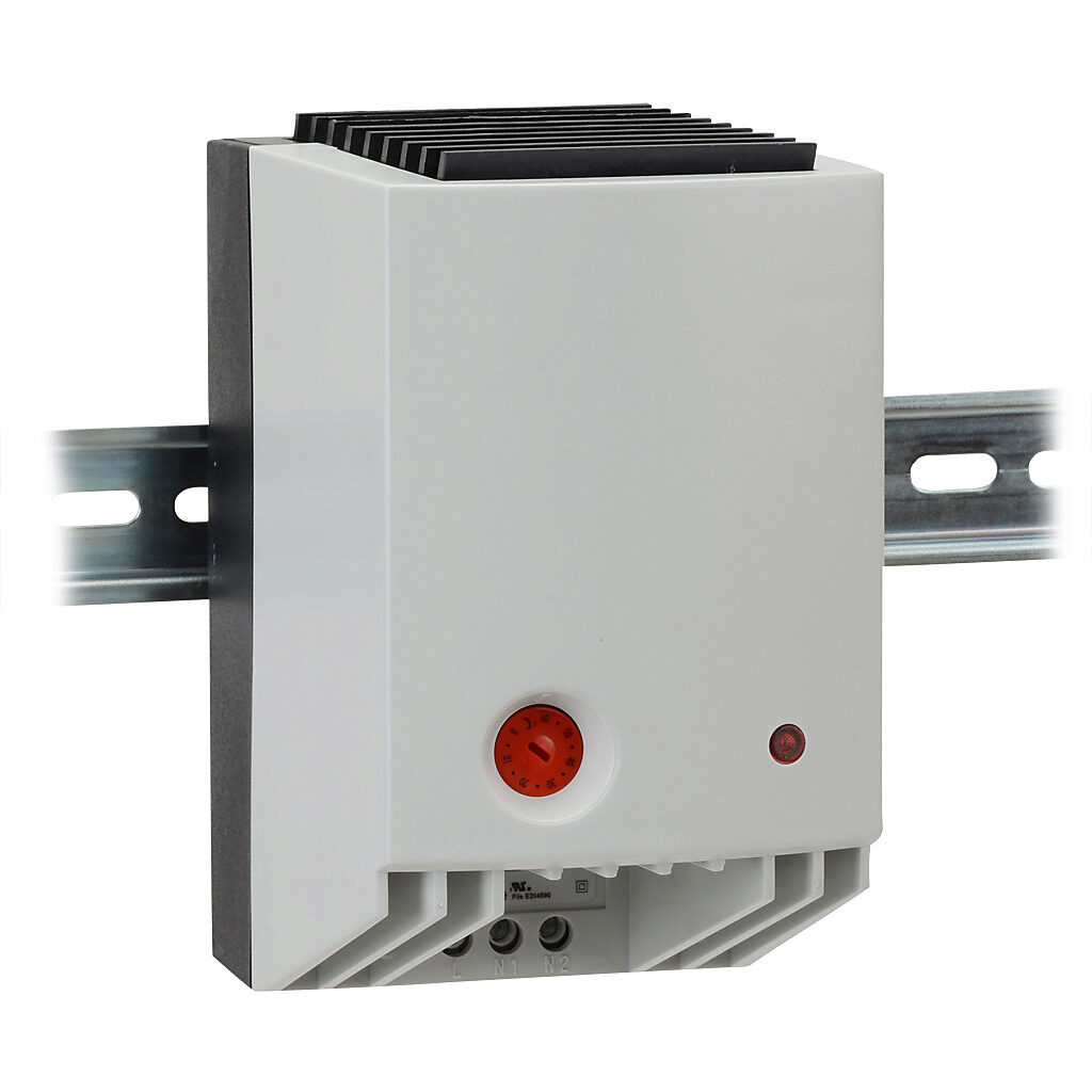 027010-00 - Stego enclosure heater, axial fan, 650W heating capacity, PTC resistor heating element, 220-240 VAC operating voltage, 50/60 Hz, adjustable thermostat, N.C. (open on rise) 0 to 60 deg C, 35mm DIN rail mount.