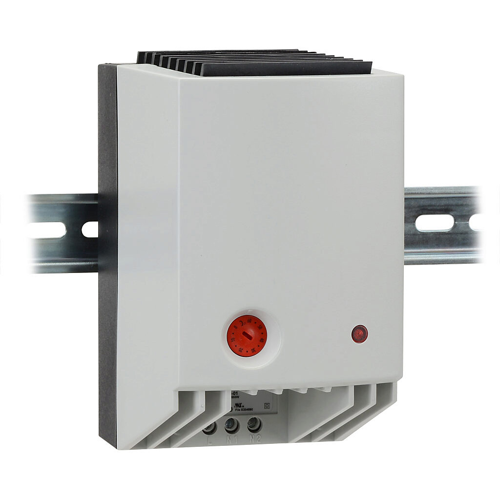 027019-01 - Stego enclosure heater, axial fan, 650W heating capacity, PTC resistor heating element, 100-120 VAC operating voltage, 50/60 Hz, adjustable thermostat, N.C. (open on rise) 0 to 60 deg C, 35mm DIN rail mount.