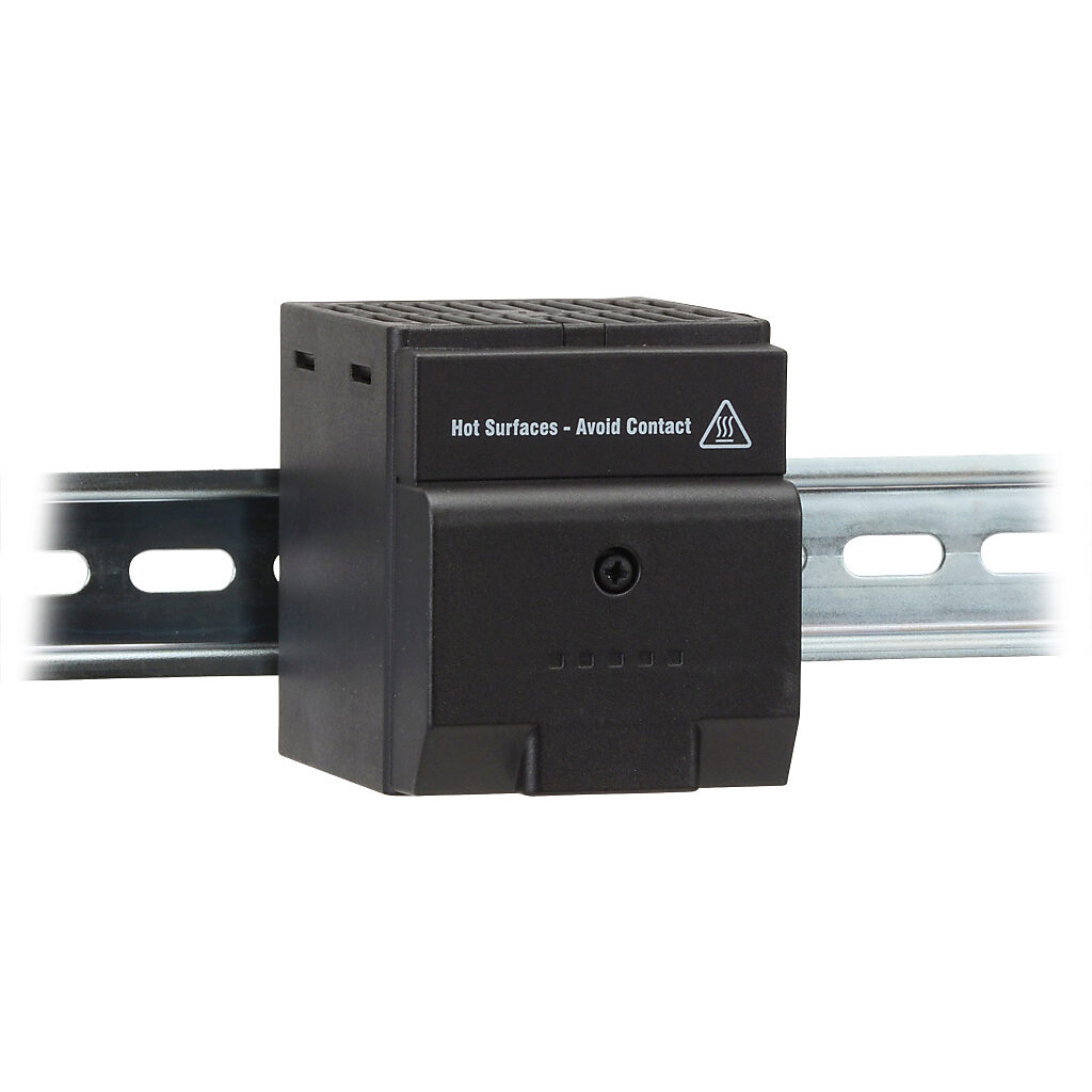 028000-00 - Stego enclosure heater, axial fan, 150W heating capacity, touch-safe PTC resistor heating element, 230 VAC operating voltage, 50/60 Hz, 35mm DIN rail mount.