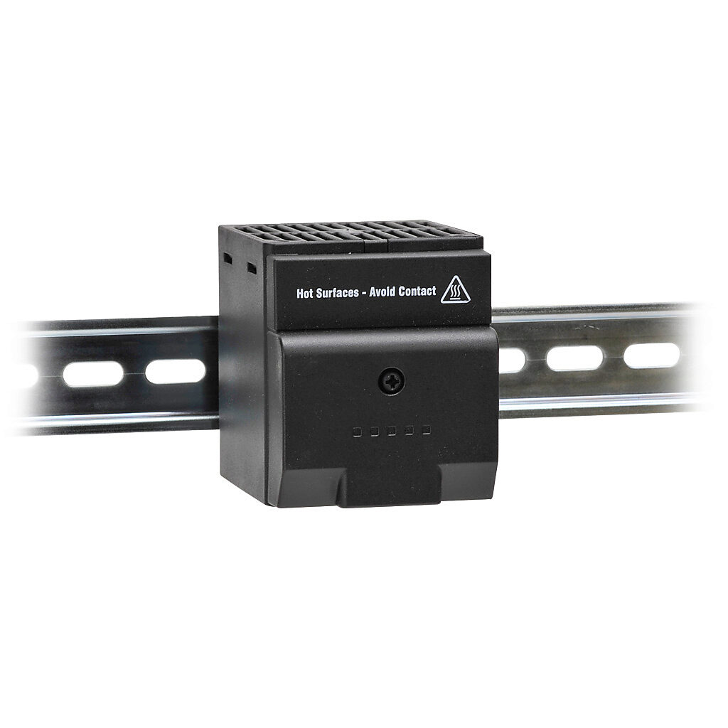 028009-00 - Stego enclosure heater, axial fan, 150W heating capacity, touch-safe PTC resistor heating element, 120 VAC operating voltage, 50/60 Hz, 35mm DIN rail mount.