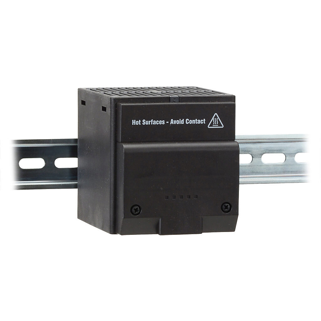 028100-00 - Stego enclosure heater, axial fan, 400W heating capacity, touch-safe PTC resistor heating element, 230 VAC operating voltage, 50/60 Hz, 35mm DIN rail mount.