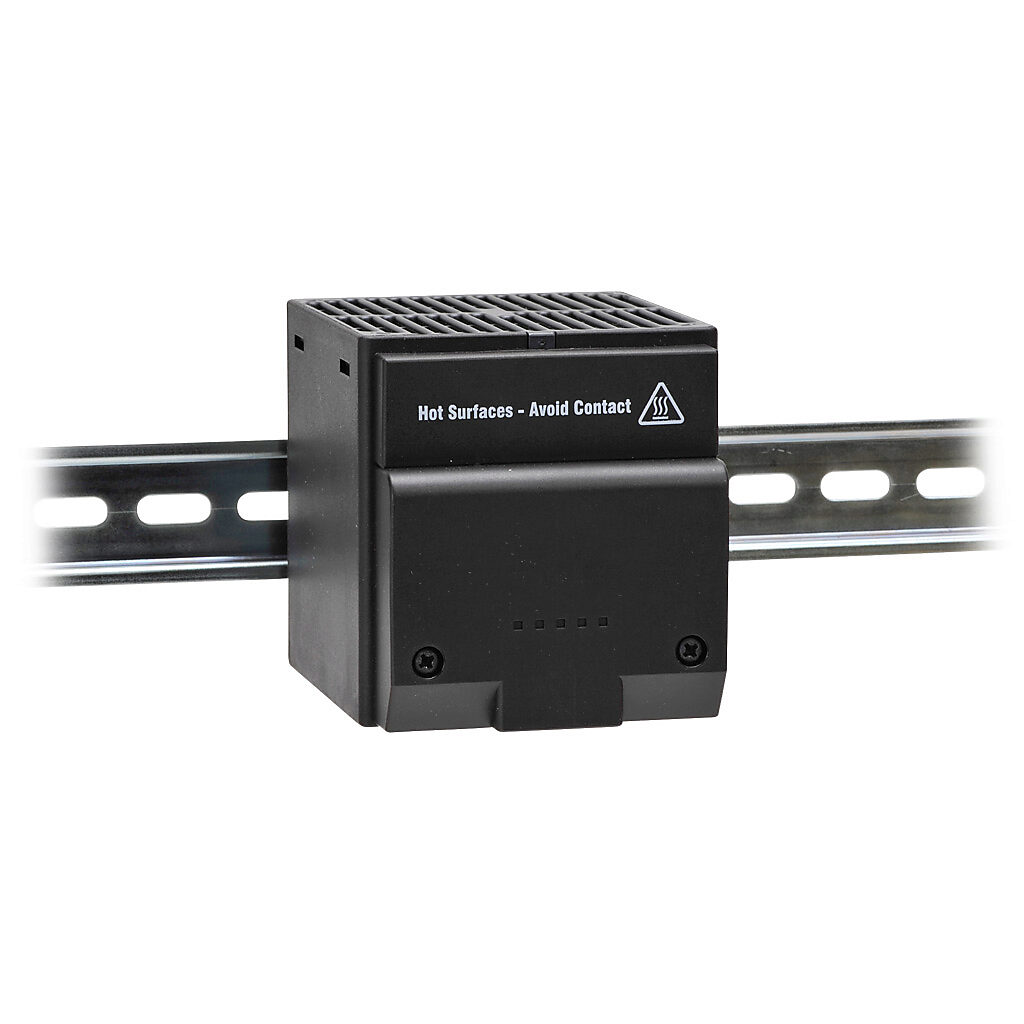 028109-00 - Stego enclosure heater, axial fan, 400W heating capacity, touch-safe PTC resistor heating element, 120 VAC operating voltage, 50/60 Hz, 35mm DIN rail mount.