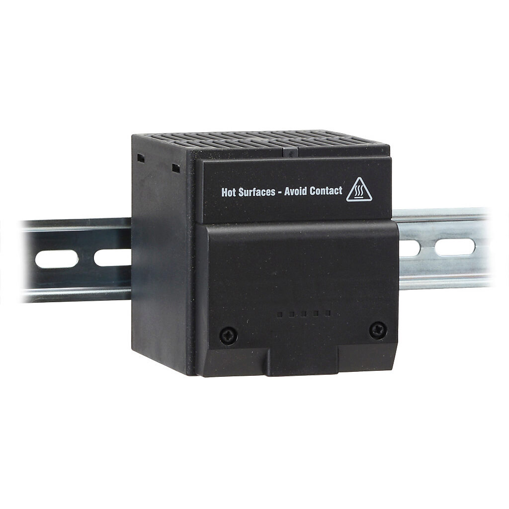 028110-00 - Stego enclosure heater, axial fan, 250W heating capacity, touch-safe PTC resistor heating element, 230 VAC operating voltage, 50/60 Hz, 35mm DIN rail mount.