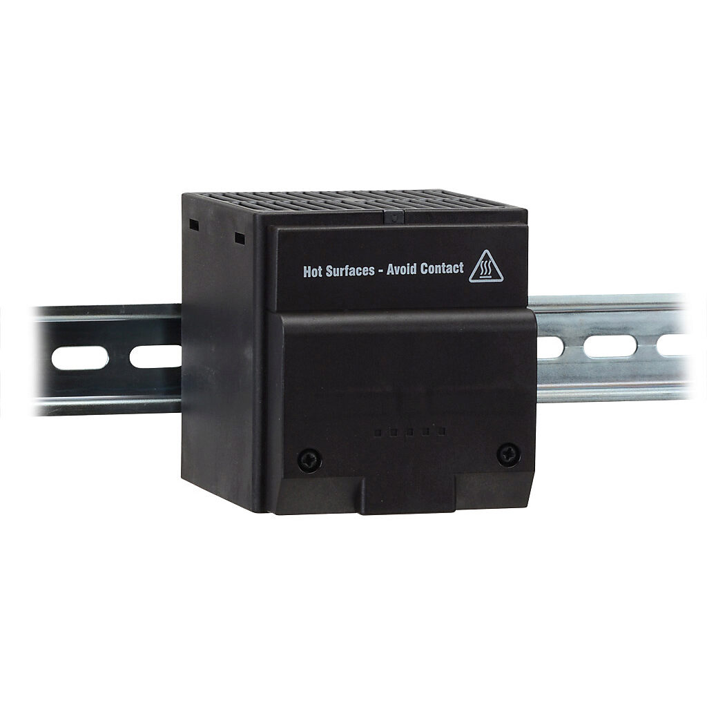028119-00 - Stego enclosure heater, axial fan, 250W heating capacity, touch-safe PTC resistor heating element, 120 VAC operating voltage, 50/60 Hz, 35mm DIN rail mount.