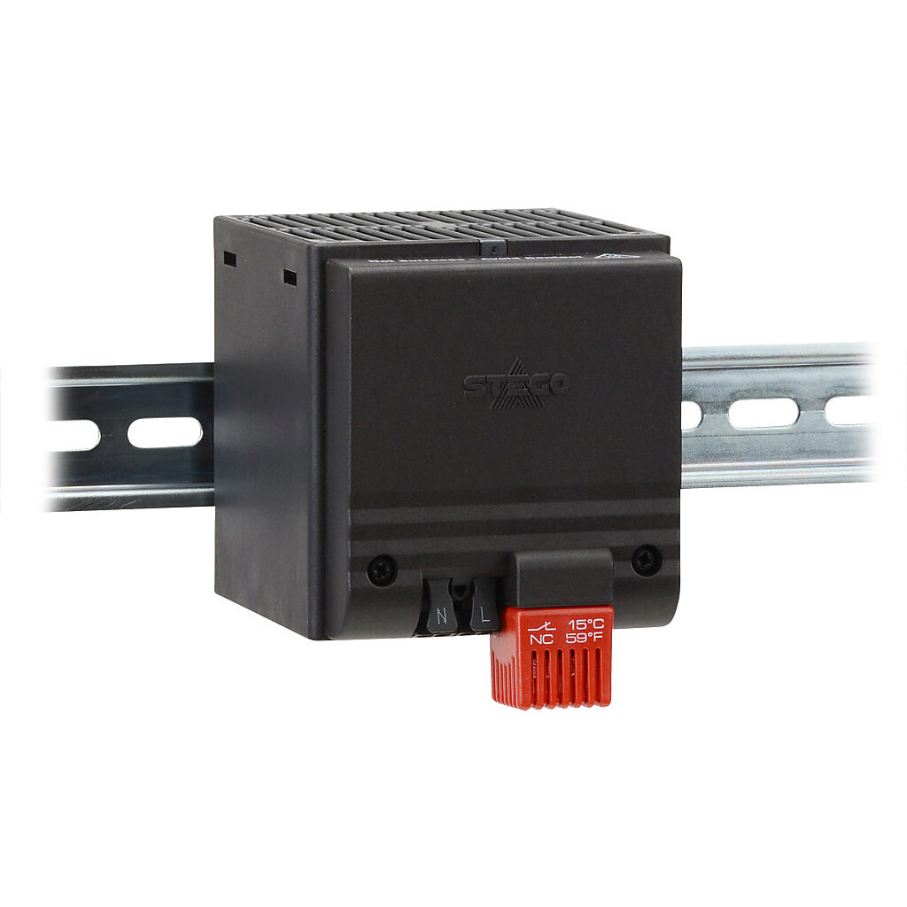 028200-06 - Stego enclosure heater, axial fan, 400W heating capacity, touch-safe PTC resistor heating element, 230 VAC operating voltage, 50/60 Hz, fixed thermostat, N.C. (open on rise) 41 deg F (5 deg C) switch-on, 35mm DIN rail mount.