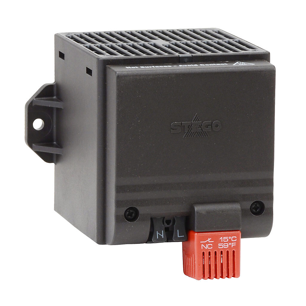 028200-08 - Stego enclosure heater, axial fan, 400W heating capacity, touch-safe PTC resistor heating element, 230 VAC operating voltage, 50/60 Hz, fixed thermostat, N.C. (open on rise) 41 deg F (5 deg C) switch-on, panel mount.